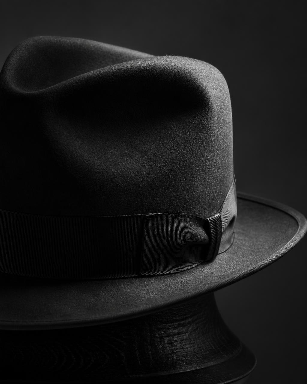 Close-up of a fine felt crown and pinched brim